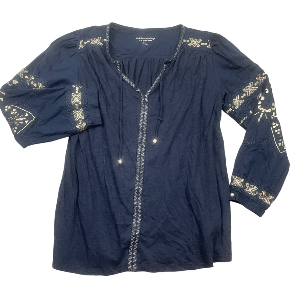 Soft Surroundings Navy‎ Small Tunic Embroidered Sleeve Cotton Blends